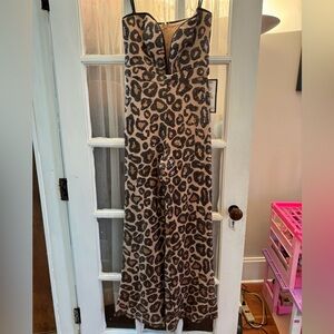 Sequin leopard wide leg strapless deep v jumpsuit
